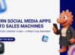 Business mascot holding a phone with LinkedIn, Facebook, and TikTok icons around, promoting a blog on turning social media apps into sales machines.