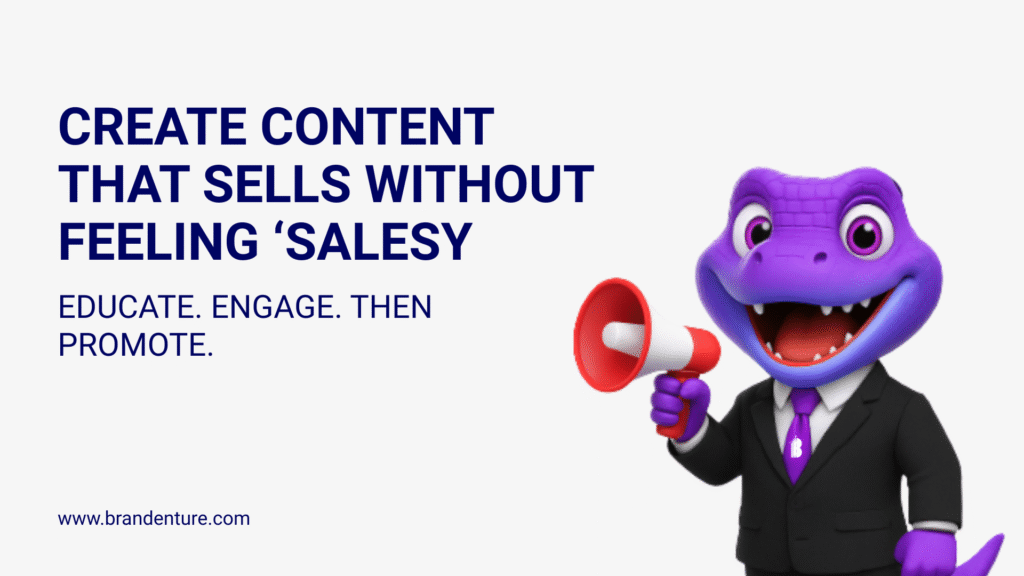 Purple Brandenture mascot in a suit holding a megaphone, encouraging content creation that sells naturally through social media apps.