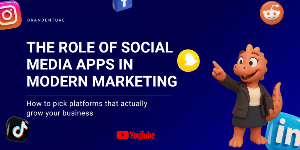 Digital marketing cover graphic showing a cartoon business character pointing at floating social media apps icons including Instagram, Snapchat, Reddit, LinkedIn, and Facebook, with the headline ‘The Role of Social Media Apps in Modern Marketing.