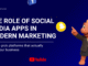 Digital marketing cover graphic showing a cartoon business character pointing at floating social media apps icons including Instagram, Snapchat, Reddit, LinkedIn, and Facebook, with the headline ‘The Role of Social Media Apps in Modern Marketing.