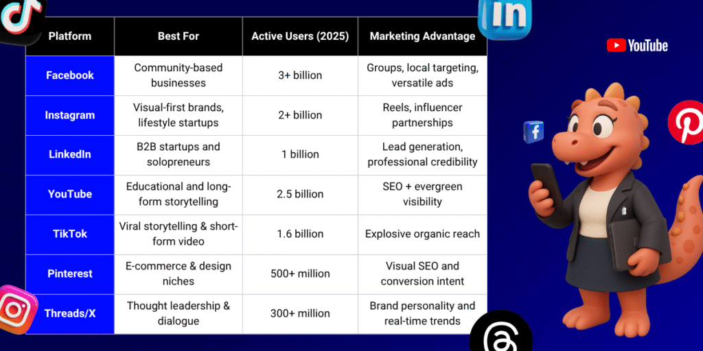 Social media apps comparison chart showing Facebook, Instagram, LinkedIn, YouTube, TikTok, Pinterest, and Threads/X with details on best uses, active users in 2025, and marketing advantages.
