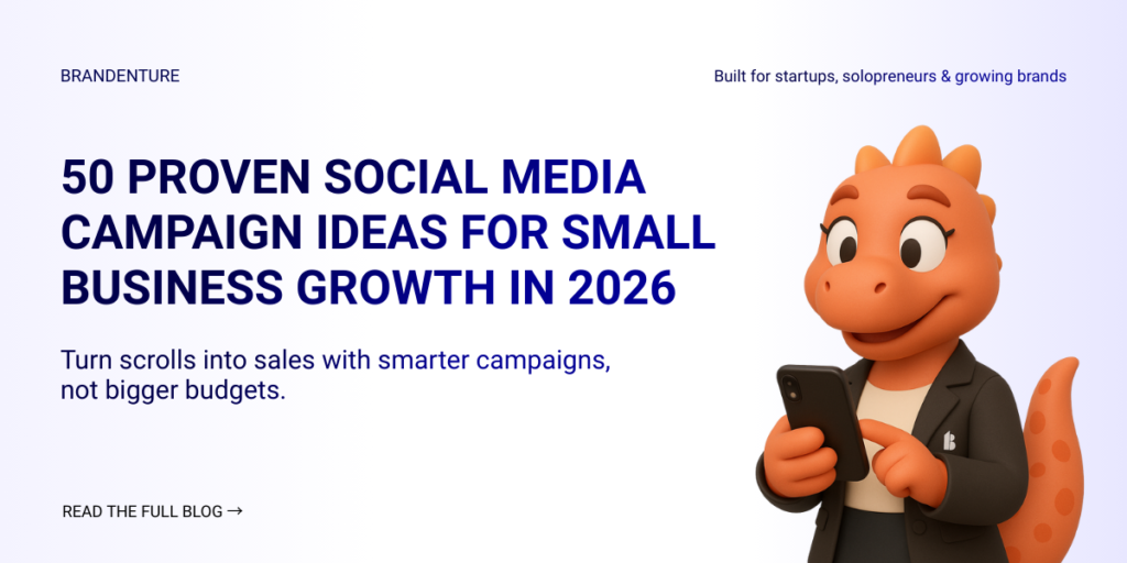 Blog title graphic displaying “50 Proven Social Media Campaign Ideas for Small Business Growth in 2026” designed for marketing and SEO optimization.