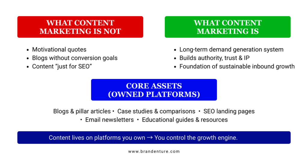Visual definition of content marketing showing blogs, guides, case studies, and email as owned content assets used to build authority, trust, and long-term demand.